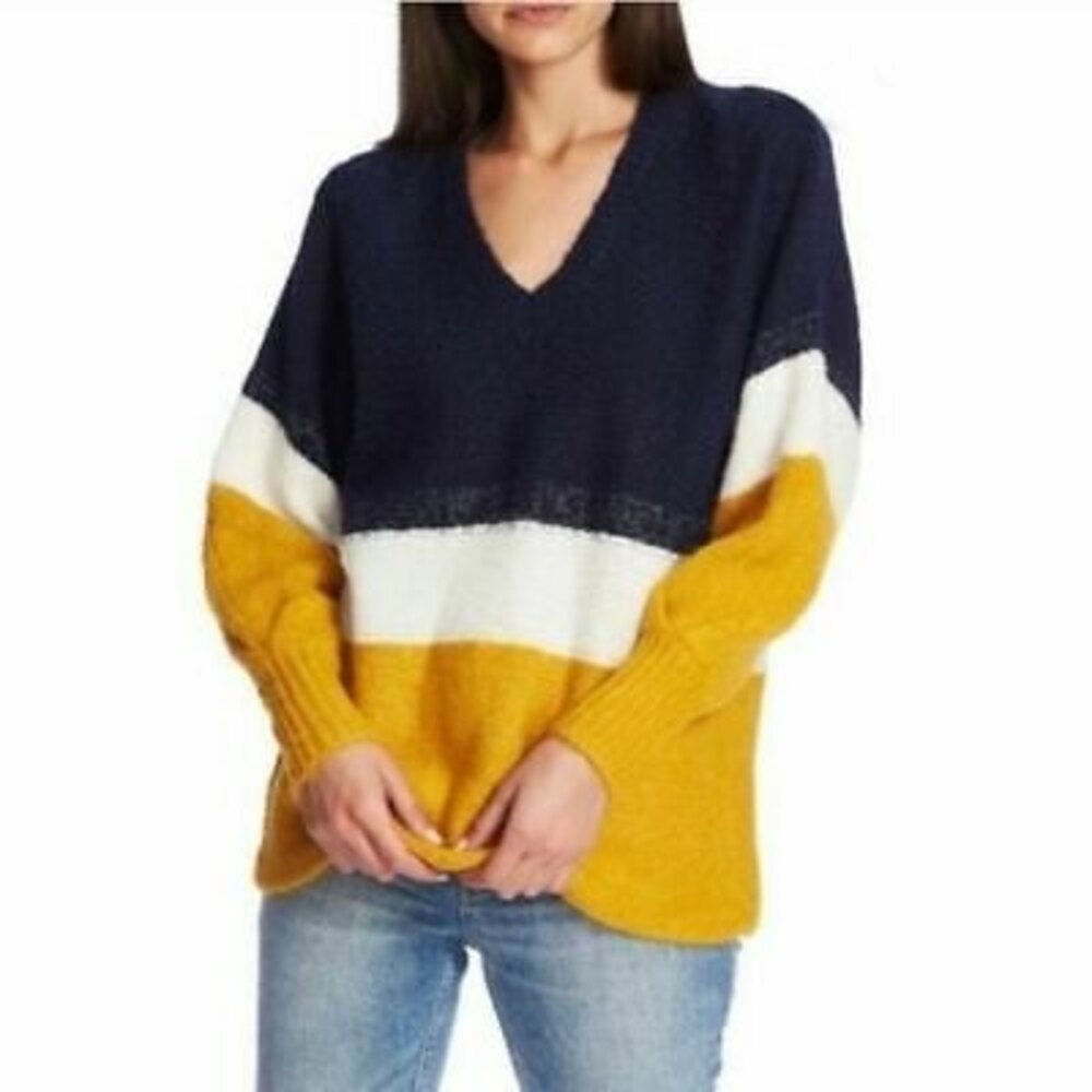 1.State Golden Hour Pullover Sweater Top L Colorblock Navy Crush NWT B81